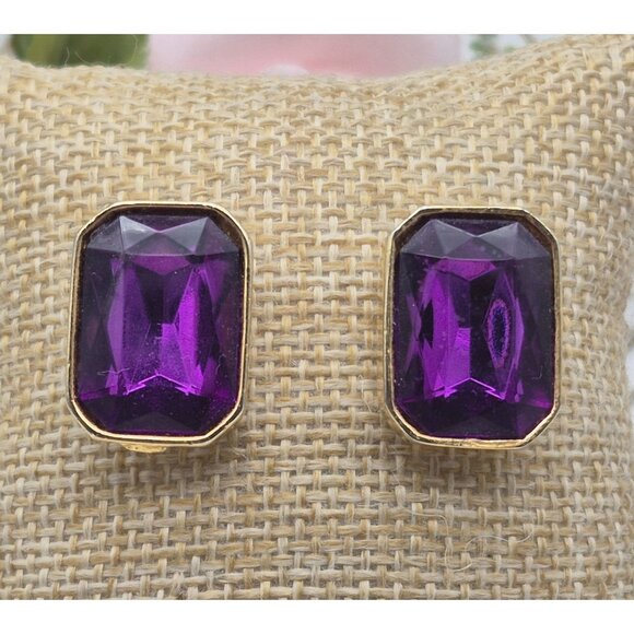 Gold Tone & Purple Crystal Rectangle Statement Stud Earrings Prom Formal Event - Picture 2 of 6
